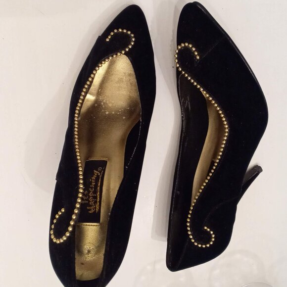 It's Happening Black Velvet Stilettos size 8.5 Gold Beaded Trim High Heels Shoes - Picture 4 of 7